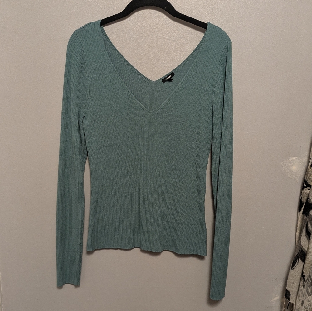 Express Mineral Blue Ribbed Double V Neck Sweater